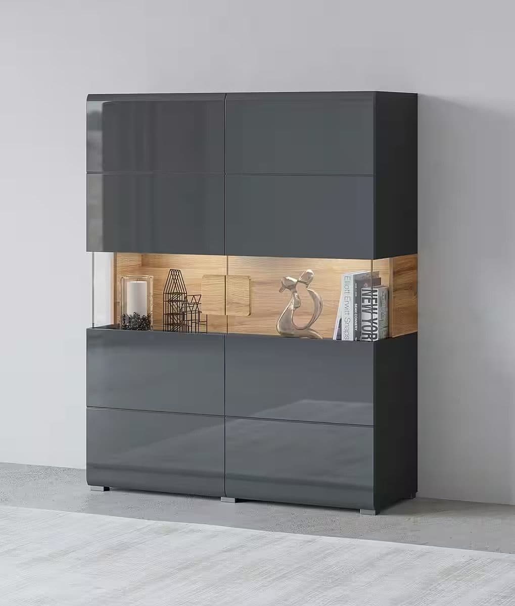 Vitrină 122 cm, culoare gri antracit-stejar, 2 uși batante, design modern și elegant pentru depozitare și expunere