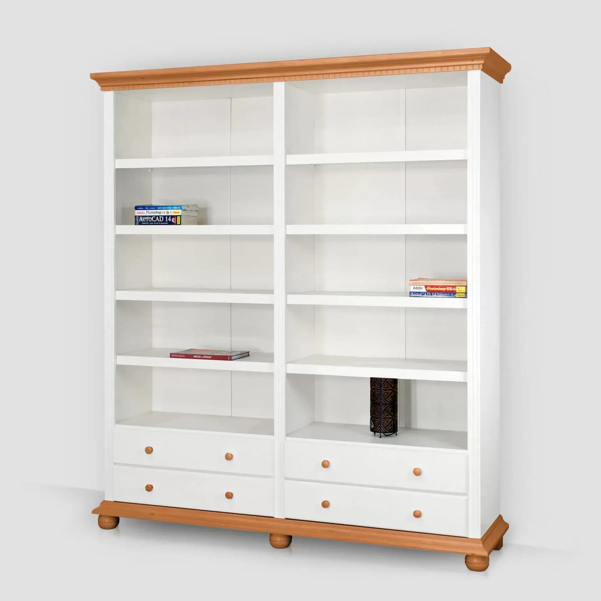Biblioteca dubla Teodora, lemn masiv, 180 x 45 x 203 cm, alb unt/miere