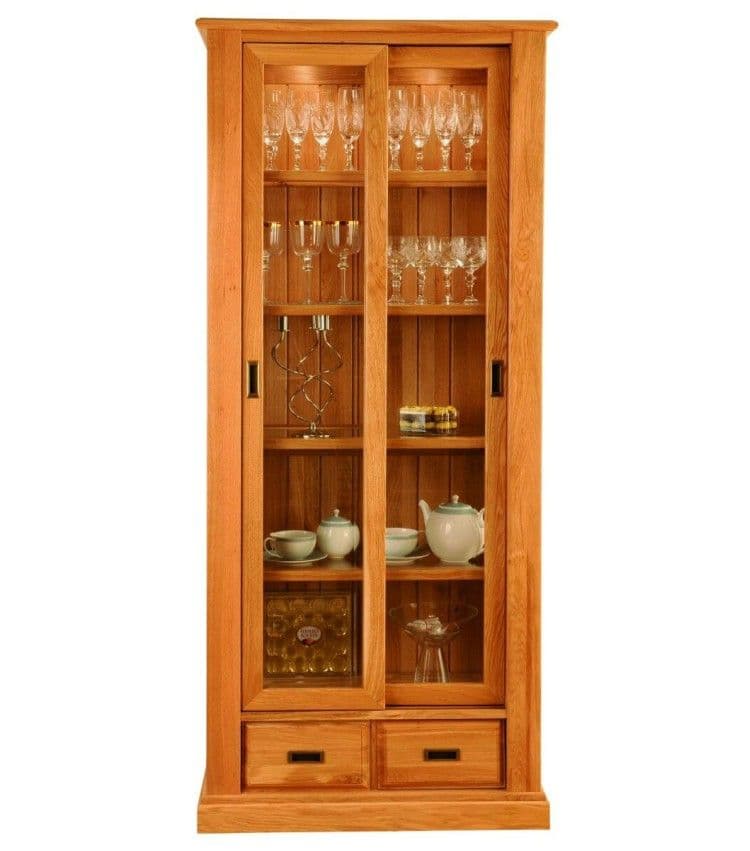Vitrina Verona lemn masiv stejar, 2 uși culisante și 2 sertare, polițe și părțile laterale lemn, 84 x 40 x 190 cm