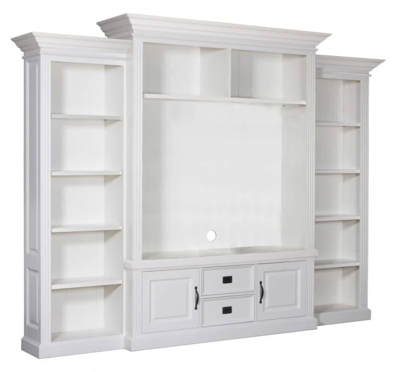 Biblioteca cu spatiu TV Lovely Home, lemn masiv + mdf alb, 326 x 38/48 x 220 cm