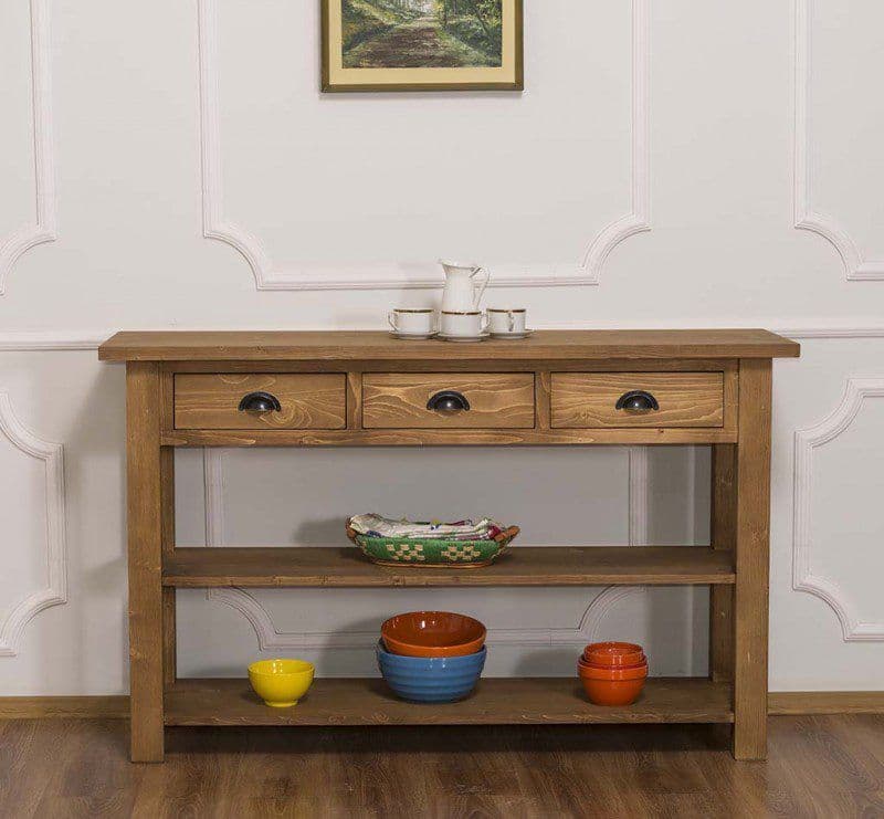 Consola cu 3 sertare, 2 rafturi lemn masiv, 145 x 45 x 89 cm