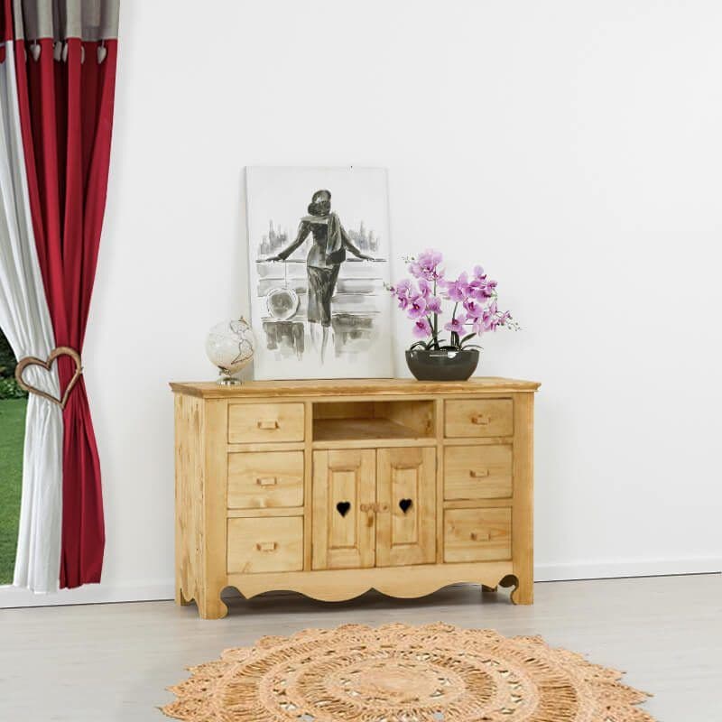 Comoda Rustic Flame lemn masiv, 2 usi si 6 sertare + nisa, 140 x 50 x 85 cm