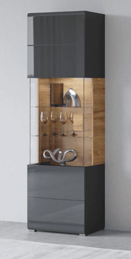 Vitrină modernă 60,5 cm lățime, culoare antracit/stejar, 204 cm înălțime, 1 ușă cu sticlă, 4 rafturi și 2 rafturi din sticlă, 7 compartimente, design elegant și spațios pentru expunere, model SEAL