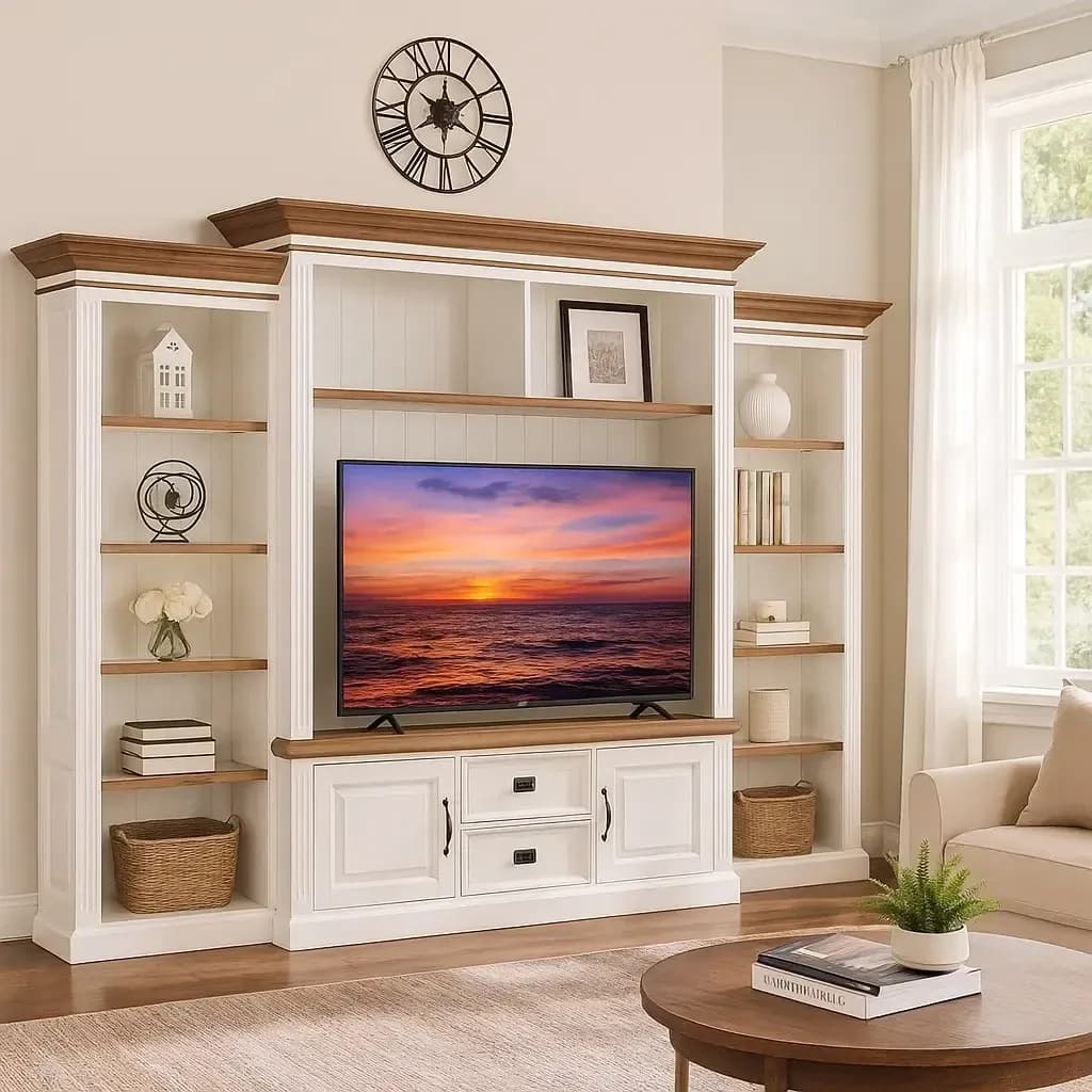 Biblioteca cu spatiu TV Lovely Oak, lemn masiv si mdf, 286 x 38/48 x 220 cm