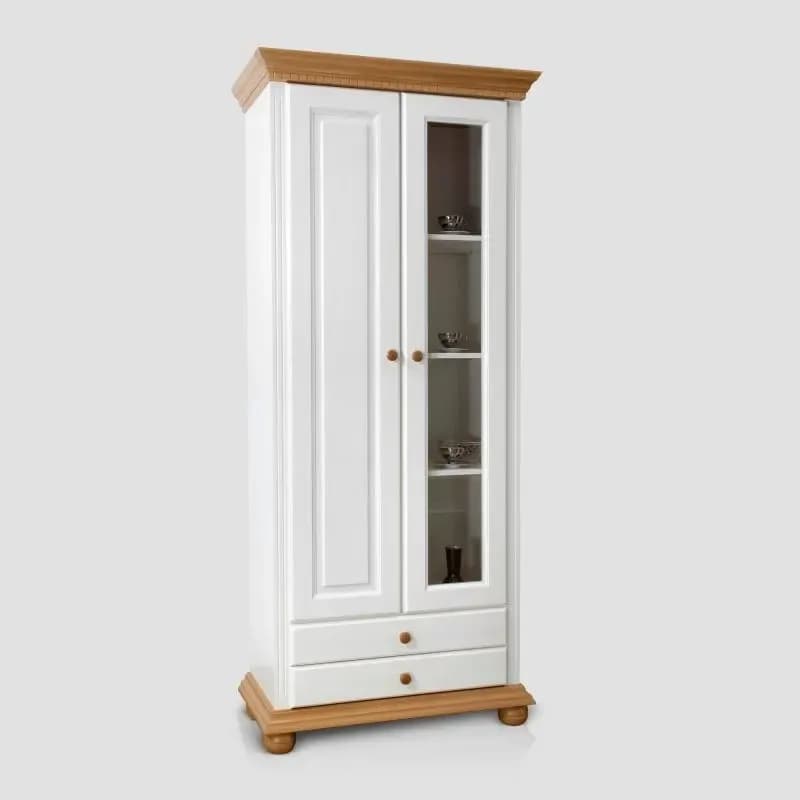 Vitrina Teodora, lemn masiv, 88 x 43.3 x 203 cm, alb unt/miere