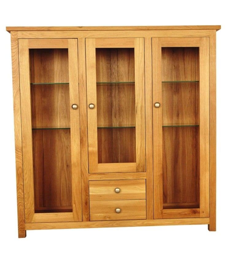 Vitrina Elegance lemn masiv stejar, 3 uși și 2 sertare, polițe lemn, 129 x 39 x 128.5 cm