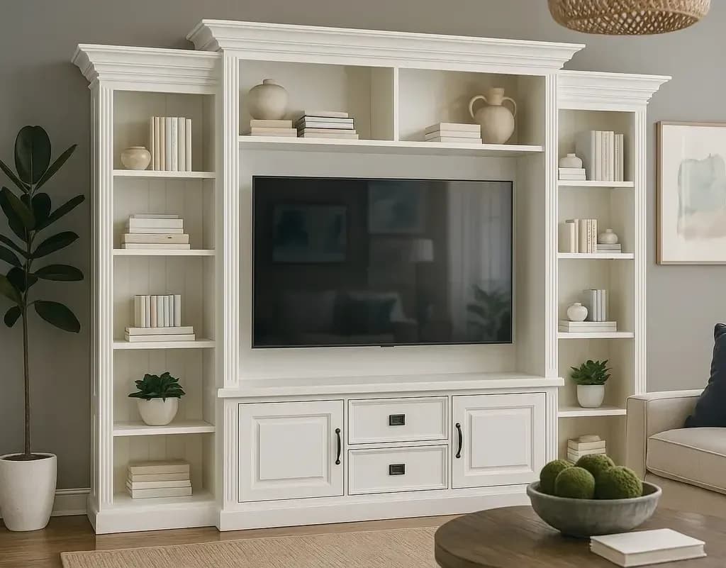 Biblioteca cu spatiu TV Lovely Home, lemn masiv + mdf alb, 286 x 38/48 x 220 cm