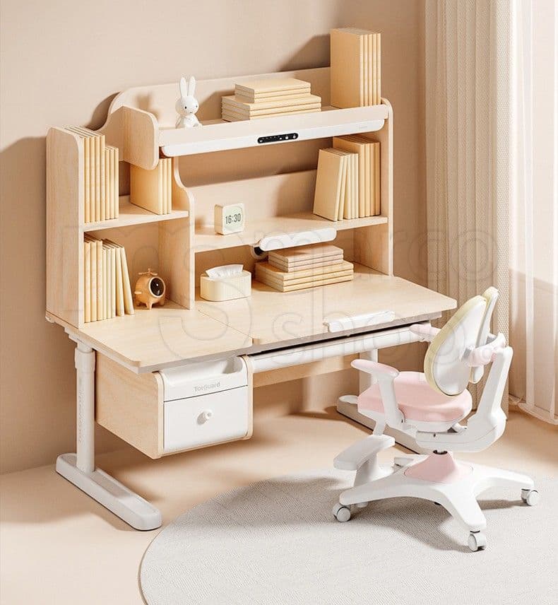 Birou ergonomic pentru copii si adolescenti cu reglaj pe inaltime, rafturi integrate si lampa