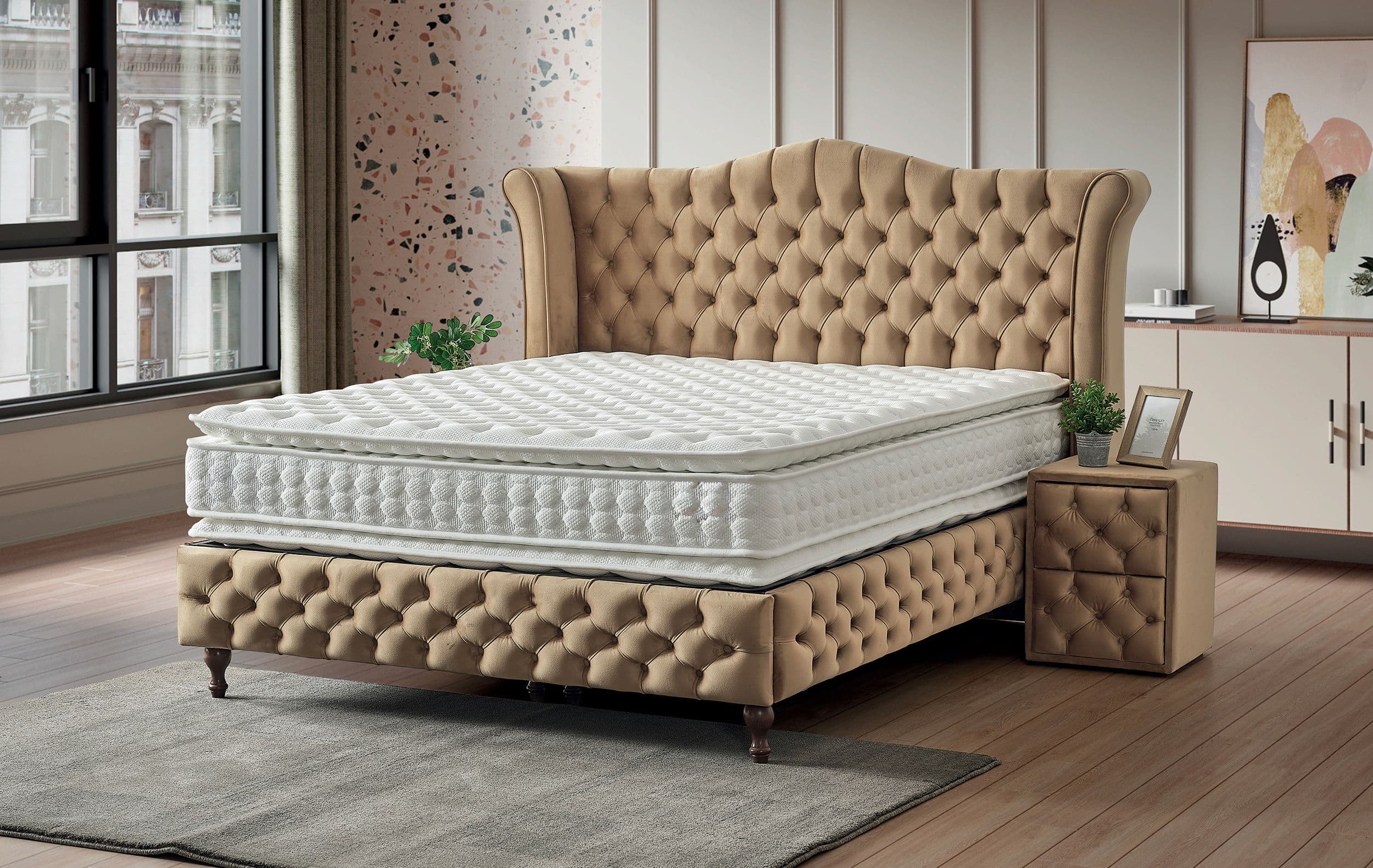 Vitrină ~Barcelona~ cu aspect modern, culoare alb murdar-sonoma, mânere negre, 140 cm lungime
