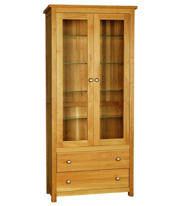 Vitrina Elegance lemn masiv stejar, 2 uși și 2 sertare, polițe lemn, 84.4 x 36.5 x 180 cm