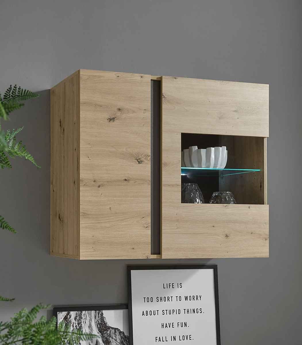 Vitrină modernă 97 cm lățime, culoare stejar, 83 cm înălțime, 2 uși și 2 rafturi, 4 compartimente, design compact și elegant pentru depozitare și expunere, model ELEMENT