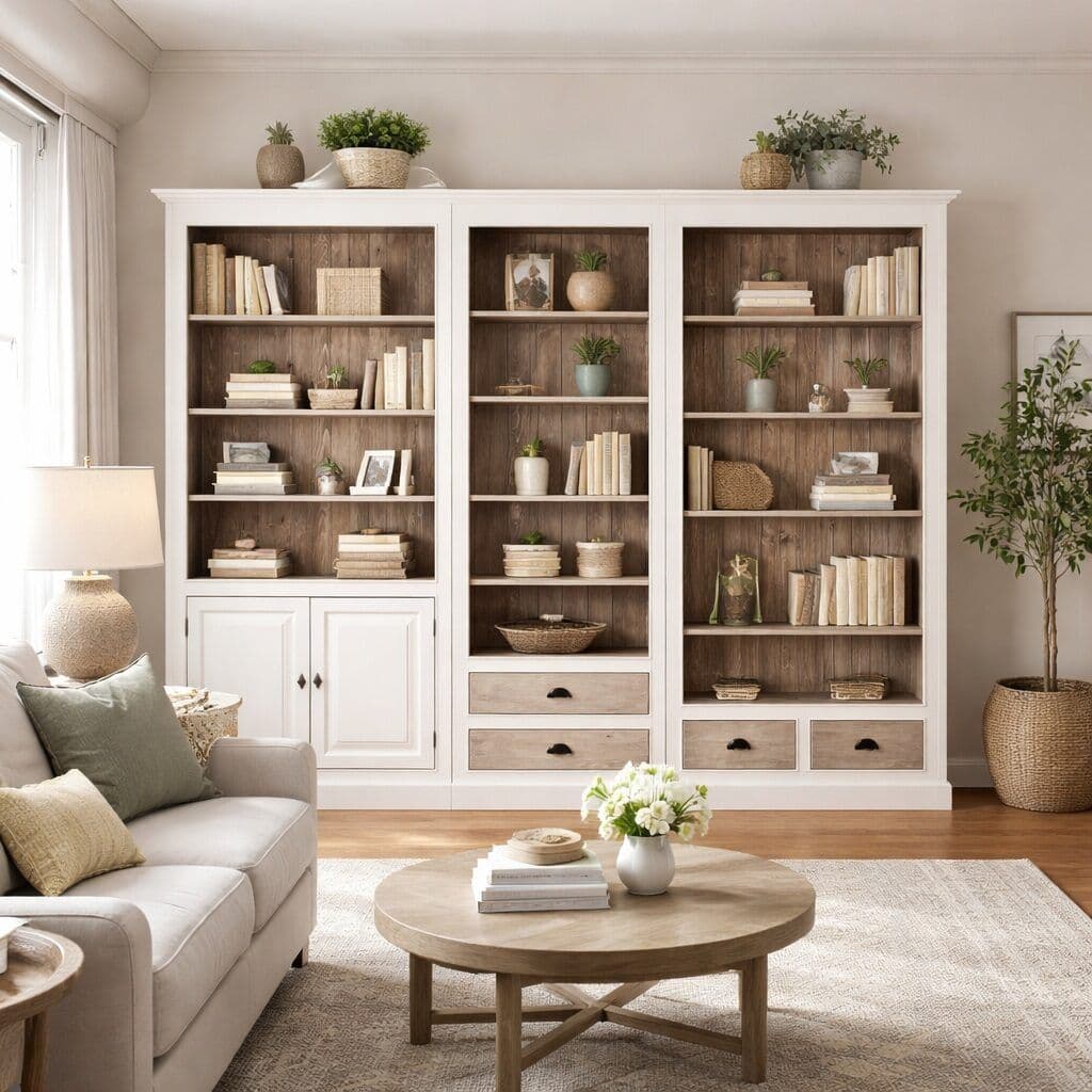 Biblioteca din lemn masiv formata din 3 corpuri, 279 x 39 x 210 cm