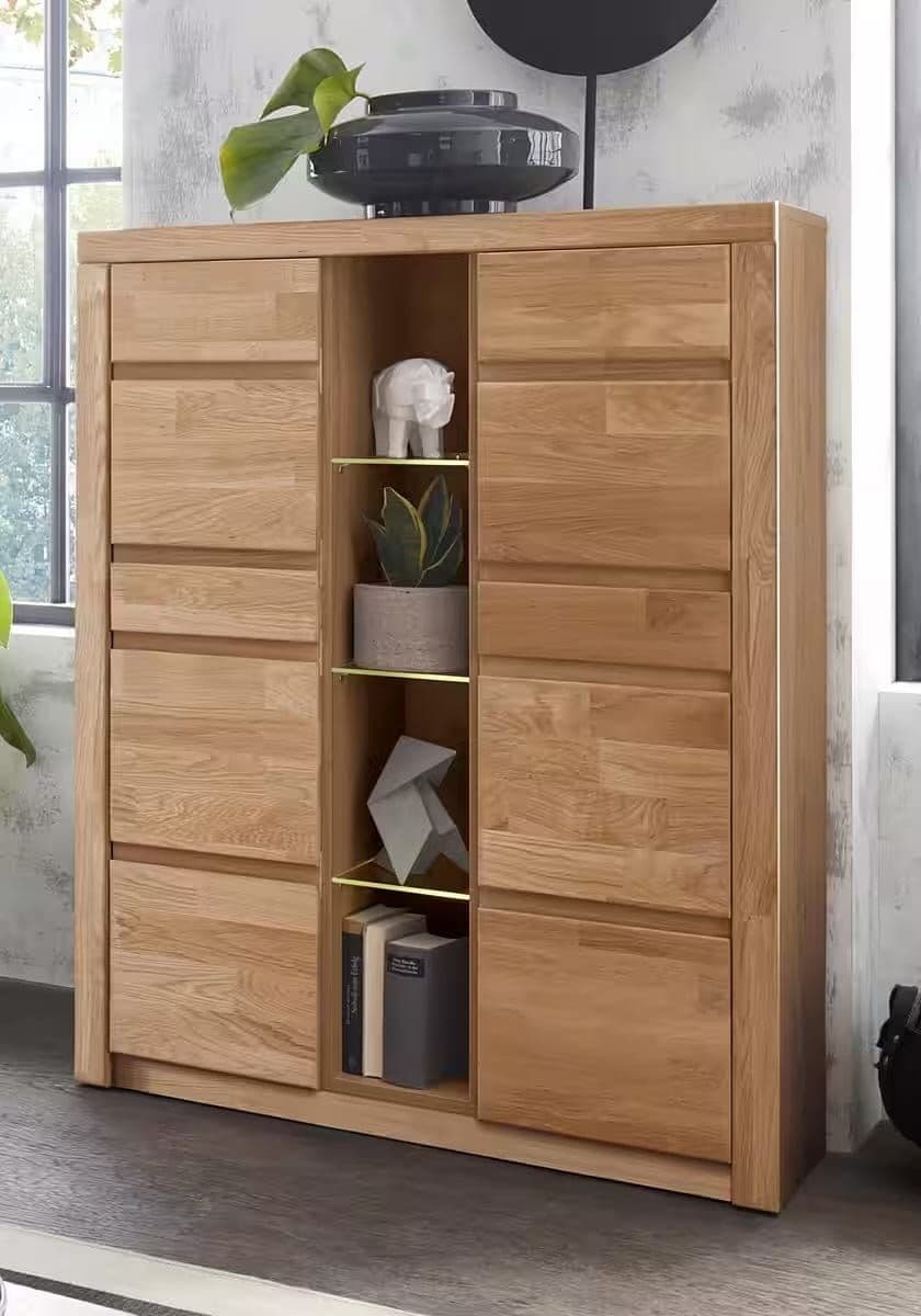 Vitrină modernă 125 cm, culoare maro, 2 uși și 9 rafturi, 12 compartimente, design spațios și organizat pentru depozitare și expunere în living