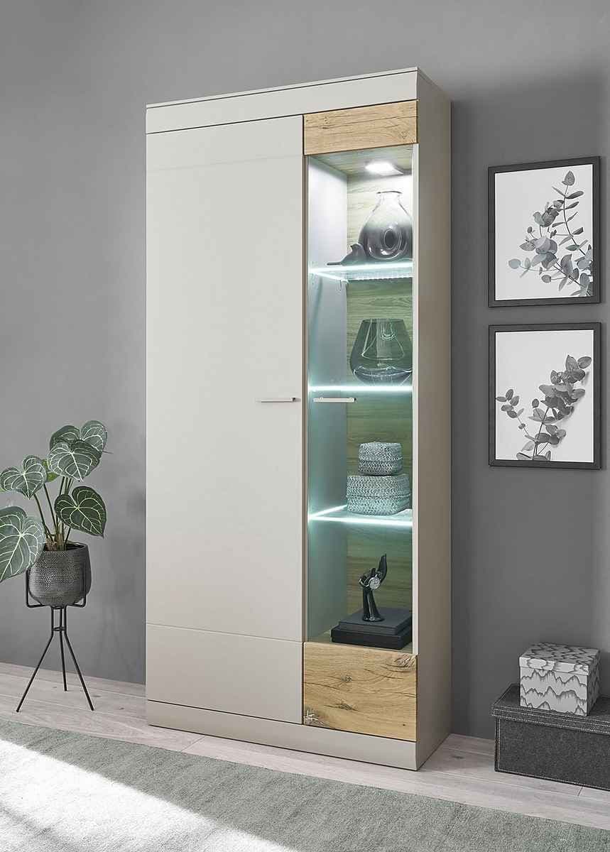 Vitrină modernă 199 cm, culoare gri-maro, 2 uși și 10 rafturi, 12 compartimente, design spațios și organizat pentru depozitare și expunere în living