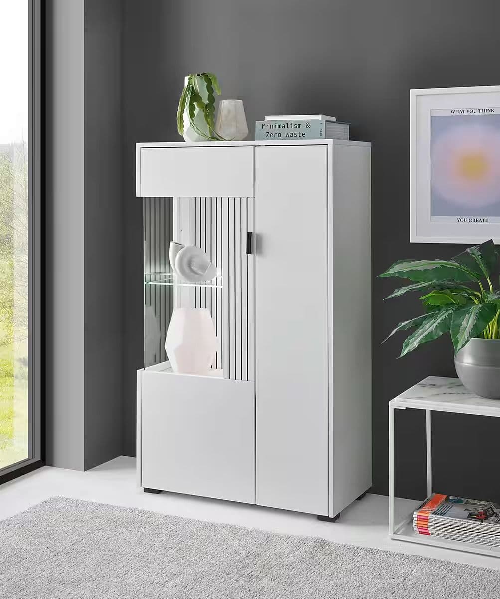 Vitrină modernă 125 cm, culoare alb, 4 rafturi, design practic și elegant pentru depozitare și expunere în living