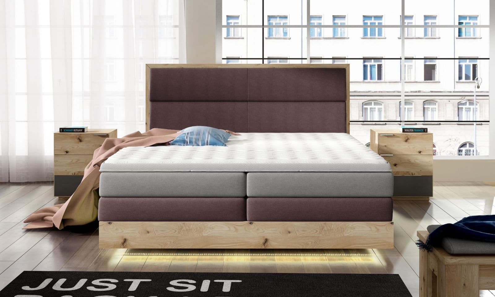 Pat tapitat tip Boxspring cu leduri TRENTO LED