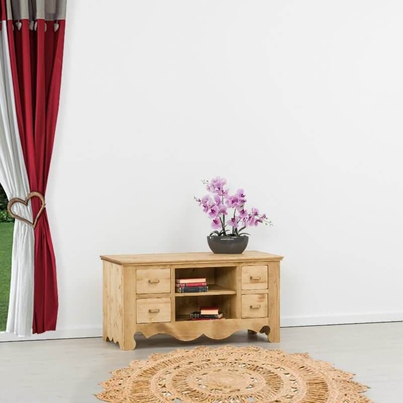 Comoda TV Rustic Flame lemn masiv, 4 sertare + nisa, 120 x 55 x 62 cm
