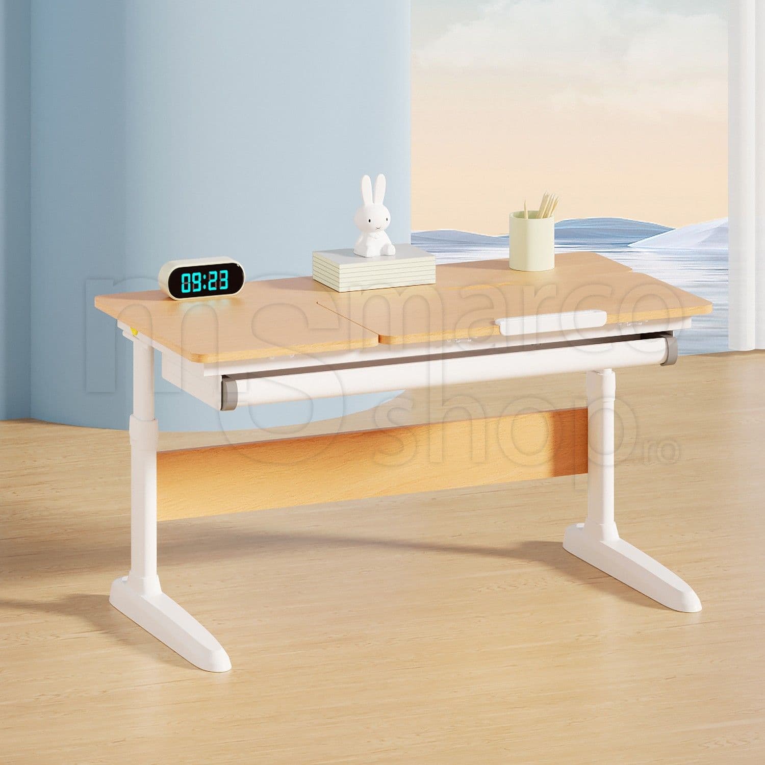 Birou Ergonomic Reglabil pentru Copii 3-18 ani, cu Blat Inclinabil, Culoare Fag Deschis
