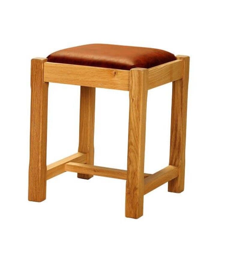Taburet stejar masiv, tapitat piele maro, 38 x 38 x 45 cm