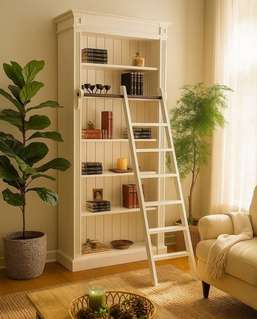 Biblioteca cu scara Incanto lemn masiv, 107 x 40 x 220 cm