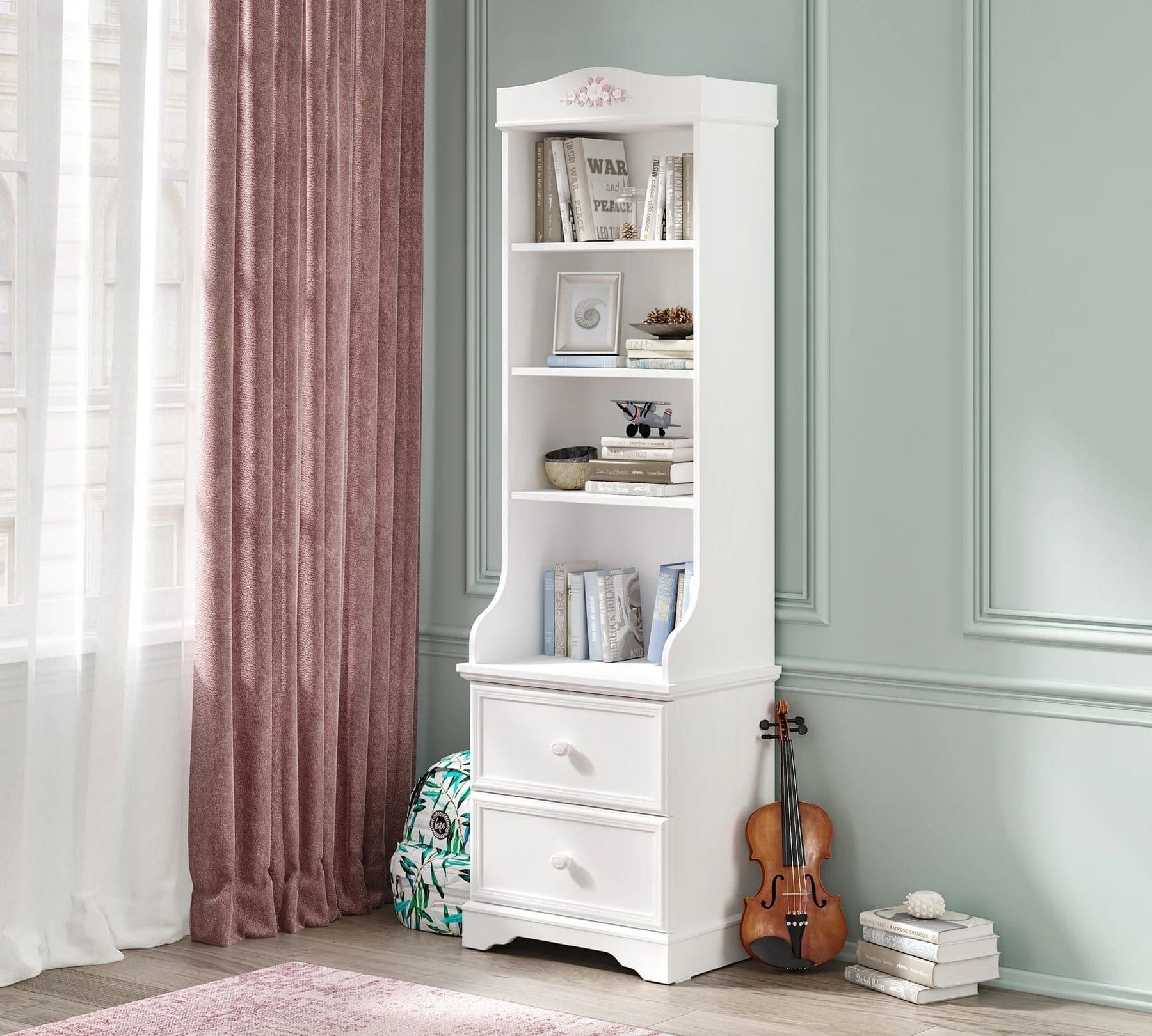 Bibliotecă îngustă 54 cm, stil clasic romantic, alb soft-mat, 2 sertare și rafturi deschise, design slim pentru spații mici BUTTERFLY