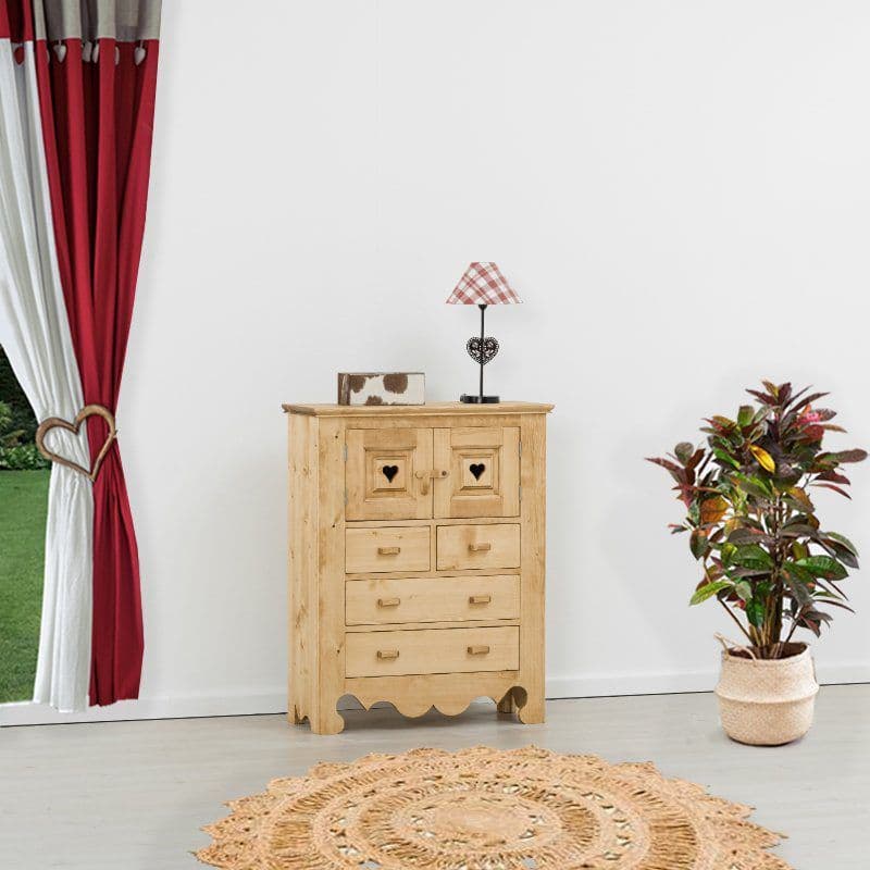 Comoda Rustic Flame cu 2 usi si 4 sertare lemn masiv, 84 x 36 x 107 cm
