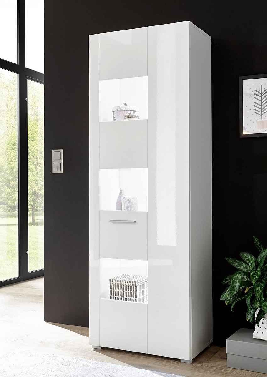 Vitrină modernă 170 cm, culoare alb, 1 ușă și 3 rafturi, 4 compartimente, design înalt și elegant pentru depozitare și expunere în living