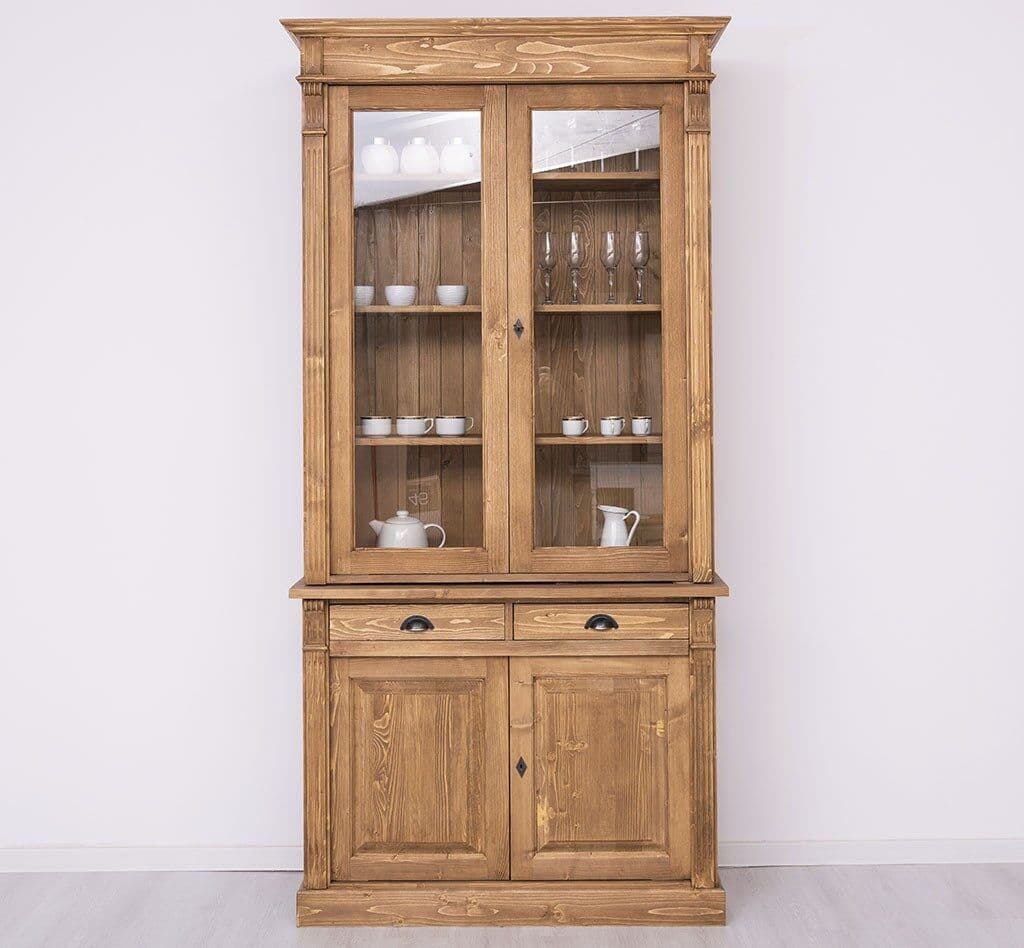 Biblioteca lemn masiv cu vitrina, 4 usi si 2 sertare, 120 x 51 x 240 cm