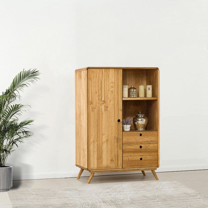 Dulap cu 1 usa, 3 sertare si 1 etajera Sahara, Lemn masiv rustic periat, 95 x 45 x 150 cm
