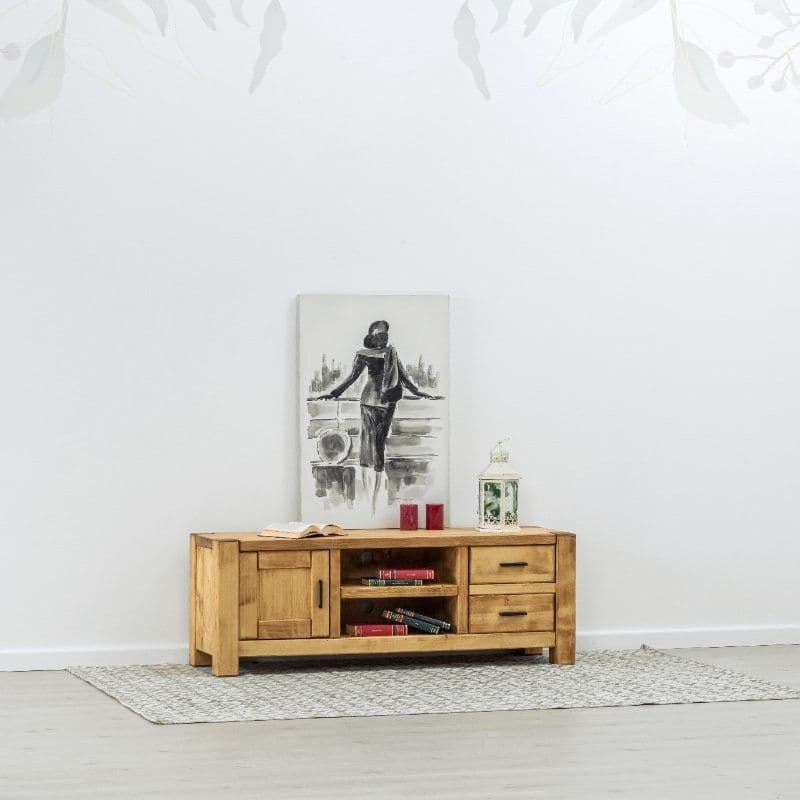 Comoda TV 1 usa, 2 sertare si 2 nise Ecuador, Lemn masiv rustic, 140 x 42 x 50 cm
