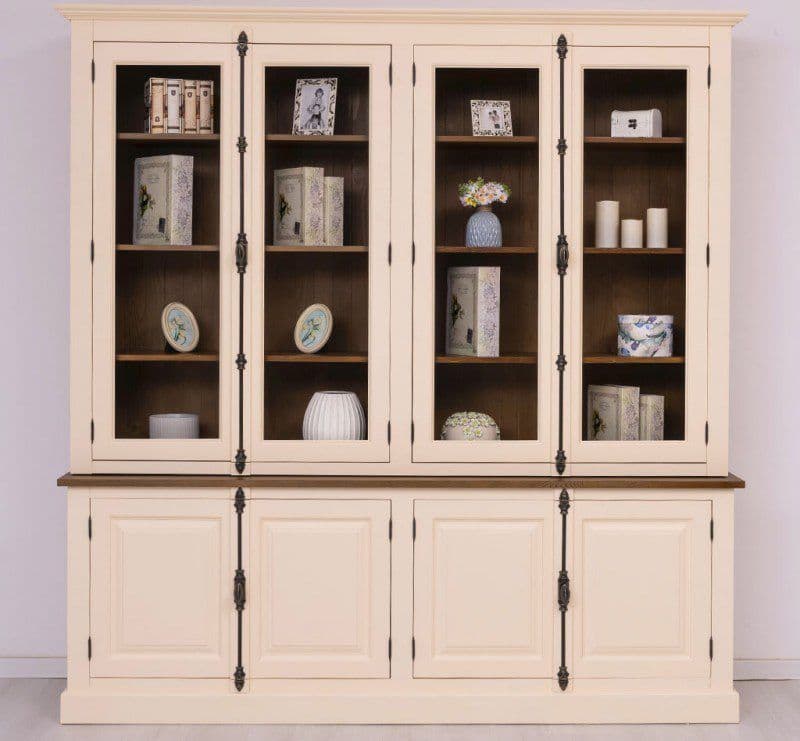 Biblioteca lemn masiv, 2 vitrine inchidere tije metalice, 223 x 50 x 228 cm