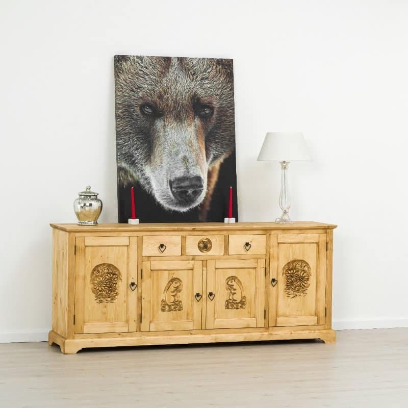 Bufet Ursul Carpatin, 4 usi si 3 sertare, lemn masiv, 200 x 46 x 85 cm