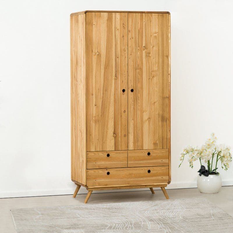 Dulap cu 2 usi 3 sertare Sahara, Lemn masiv rustic periat, 95 x 55 x 200 cm