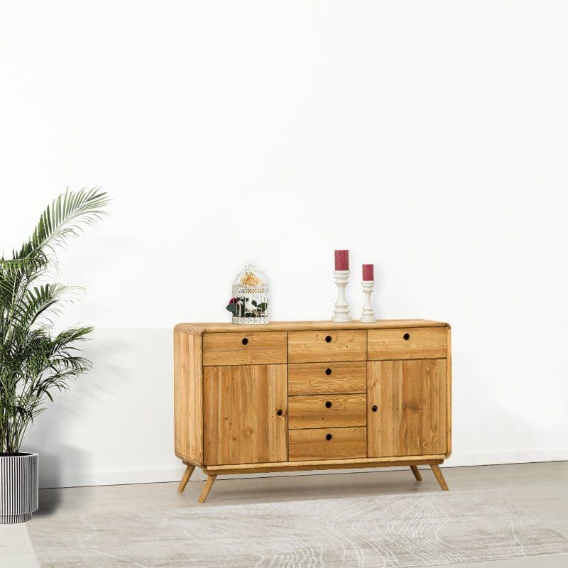 Bufet cu 2 usi si 6 sertare Sahara, Lemn masiv rustic periat, 133 x 45 x 85 cm