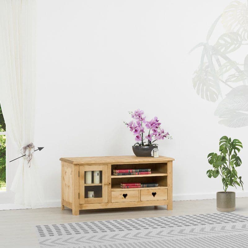 Comoda TV Rustic Love cu 1 usa si 2 sertare, Lemn masiv rustic, 122.5 x 52 x 60 cm