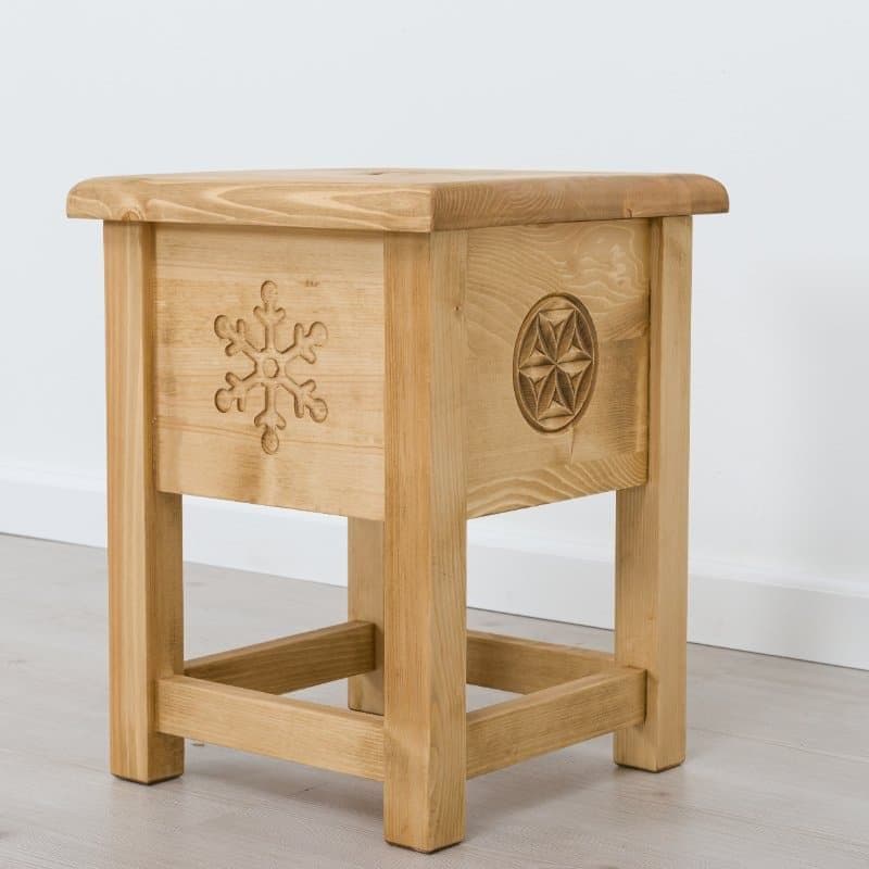 Scaun / Taburet Rustic Ursul Carpatin cu lada, lemn masiv sculptat, 35 x 35 x 45 cm