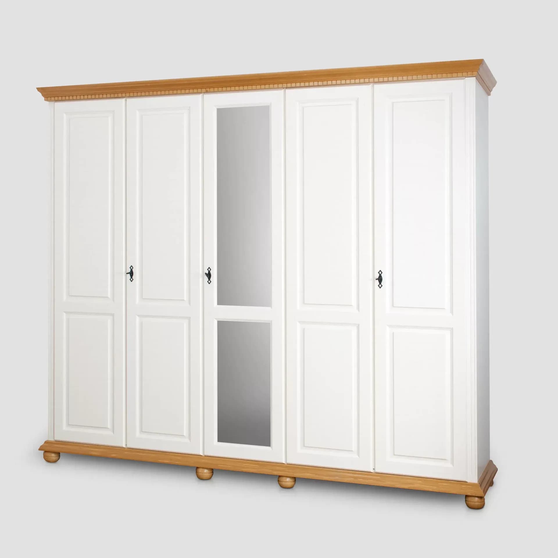 Dulap Teodora cu 5 usi lemn masiv, 258.8 x 62 x 220 cm, alb unt/miere