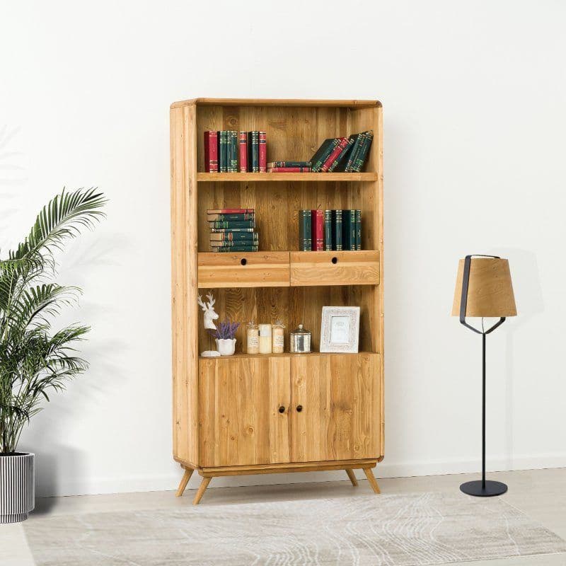 Biblioteca cu 2 usi 2 sertare Sahara, Lemn masiv rustic periat, 100 x 40 x 200 cm