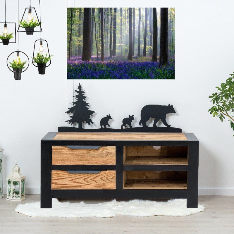 Comoda TV Rustic Loft 2 sertare si 2 nise, Lemn masiv rustic, 100 x 40 x 50 cm