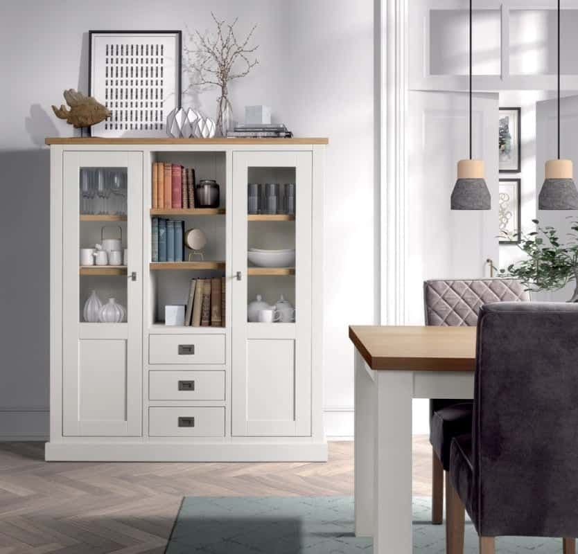 Bufet cu vitrina Lovely Kubic Oak, 2 usi si 3 sertare, 140 x 48 x 160 cm