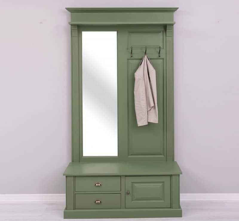Cuier lemn masiv cu oglinda si 3 agatatori, 121 x 41 x 210 cm