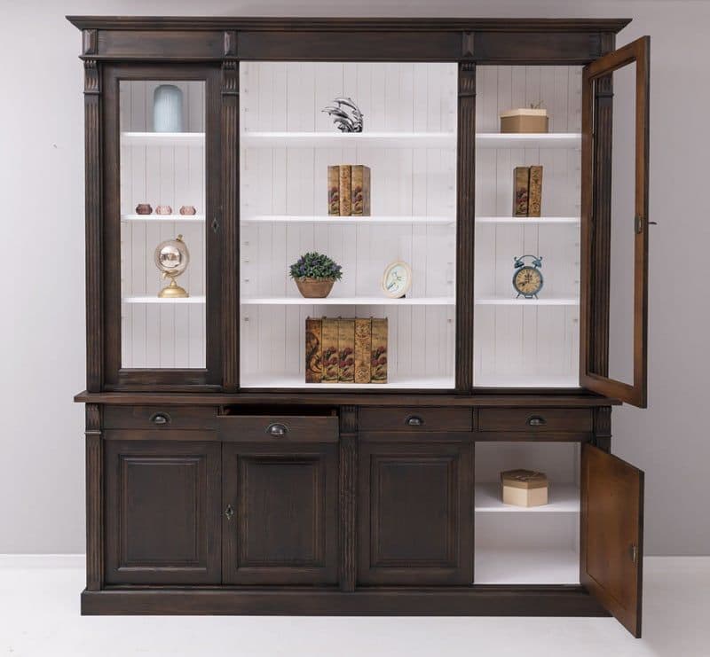 Biblioteca lemn masiv, bufet cu 4 usi si 4 sertare, 223 x 51 x 240 cm