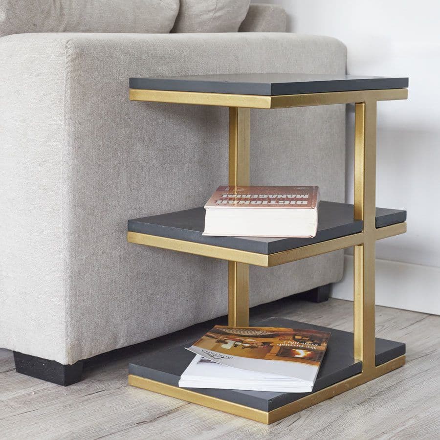 Masuta Scala lemn masiv stejar negru + metal auriu 30 x 40 x 52 cm