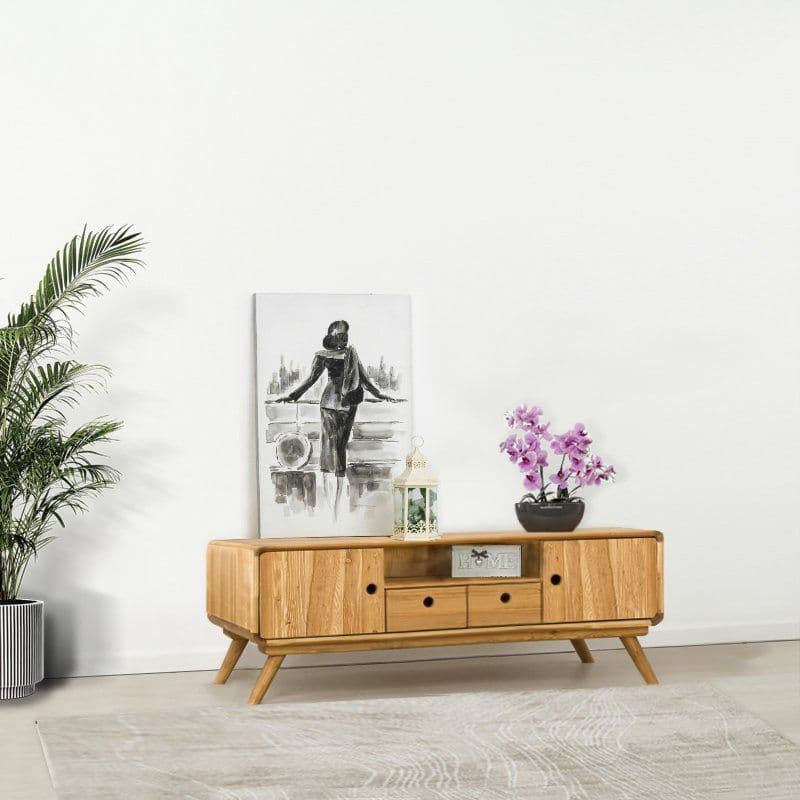 Comoda TV 2 usi 2 sertare si nisa Sahara, Lemn masiv rustic periat, 160 x 40 x 50 cm