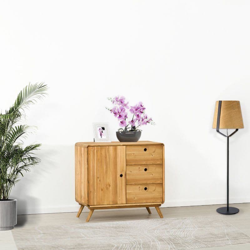 Comoda cu 1 usa 3 sertare Sahara, Lemn masiv rustic periat, 90 x 45 x 85 cm