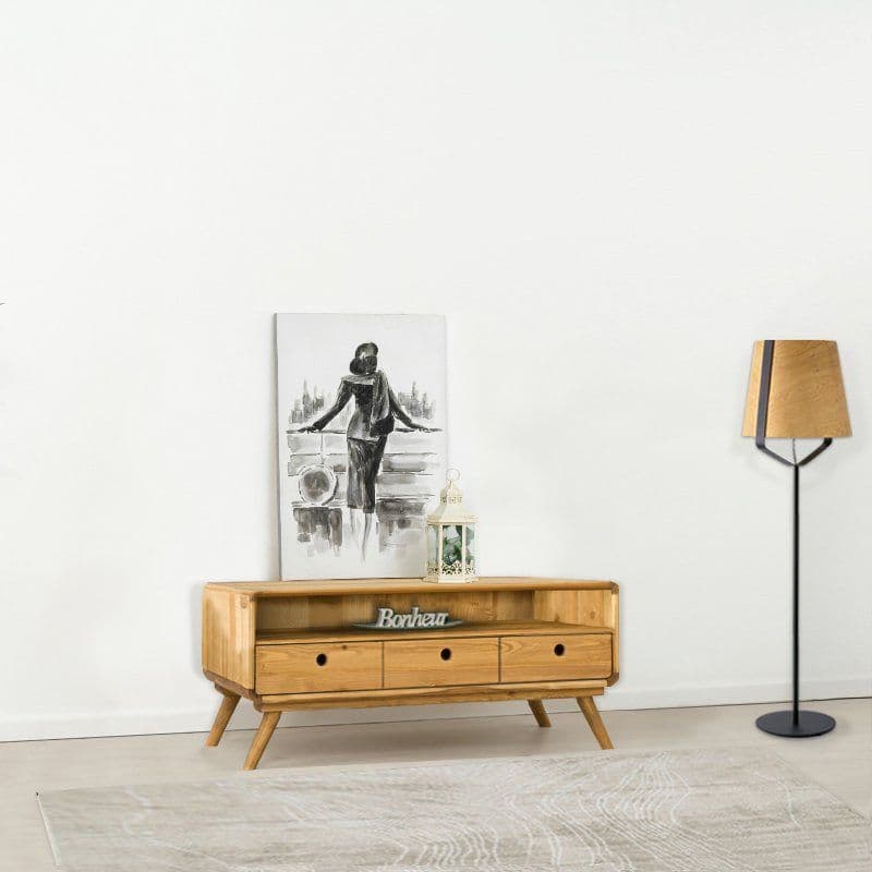 Comoda TV cu 3 sertare si nisa Sahara, Lemn masiv rustic periat, 100 x 40 x 50 cm