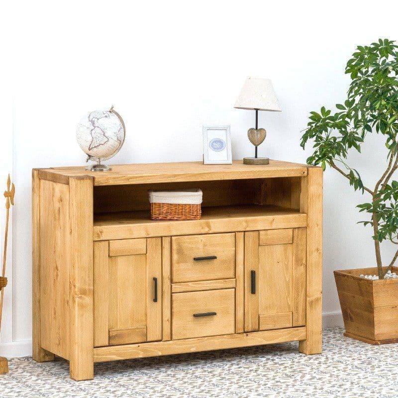 Comoda TV Ecuador 2 usi, 2 sertare si nisa, Lemn masiv rustic, 120 x 50 x 85 cm