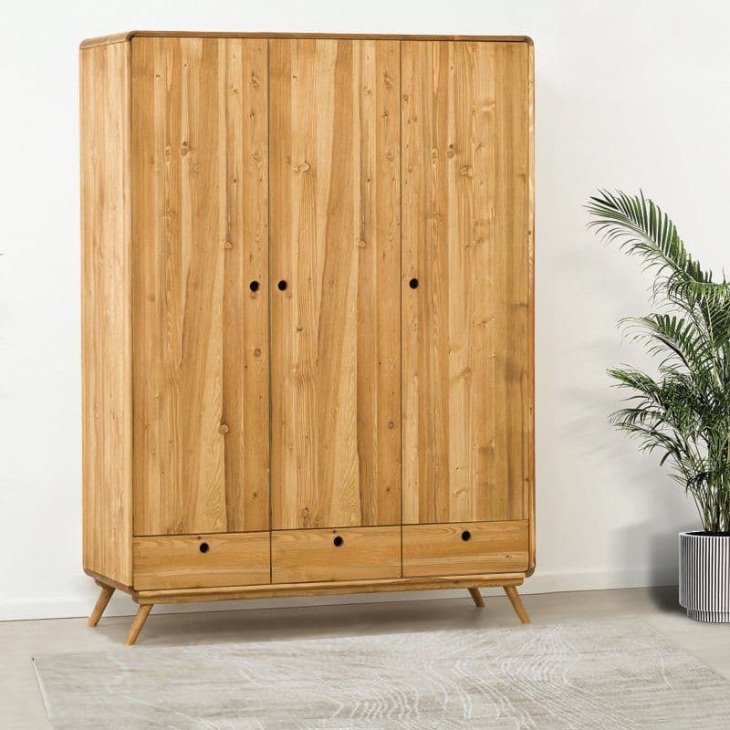 Dulap cu 3 usi 3 sertare Sahara, Lemn masiv rustic periat, 141 x 55 x 200 cm