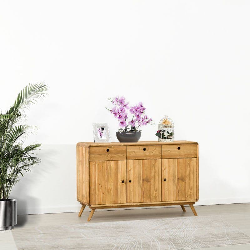 Bufet cu 3 usi si 3 sertare Sahara, Lemn masiv rustic periat, 133 x 45 x 85 cm