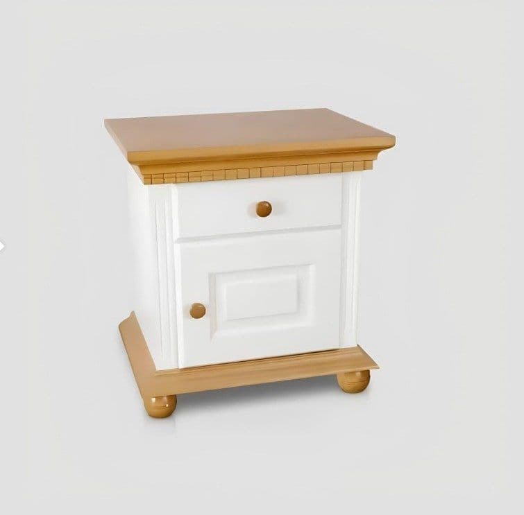 Noptiera Teodora, lemn masiv, 52 x 40 x 55.5 cm, alb unt/miere